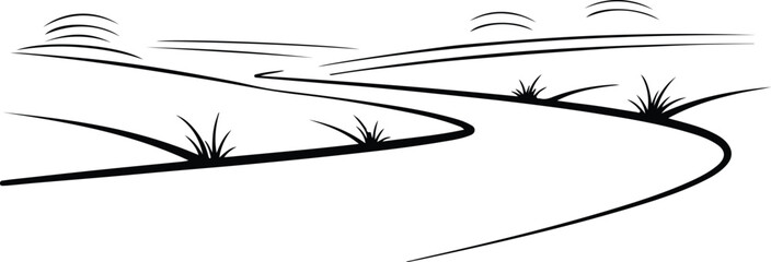 Silhouette winding road path through an open minimalist landscape illustration vector