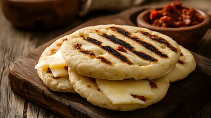 Grilled arepas stuffed with cheese and chorizo food
