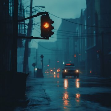 Traffic light blinking endlessly in an abandoned intersection 2025 trend of mechanical futility rain soaked noir cinematic framing