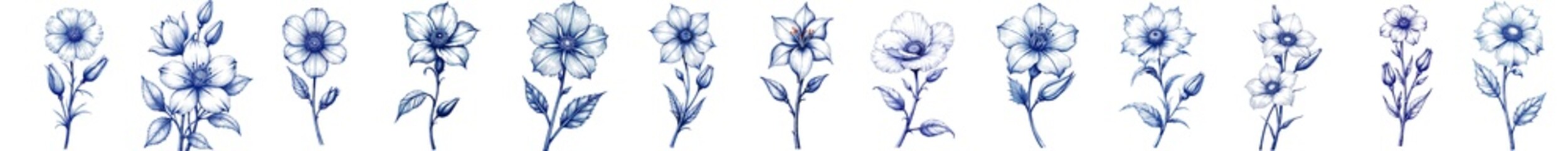 Set of Vintage sketch in blue ink of flowers for Earth Day  