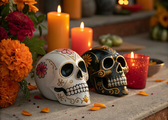 White and black skulls with metallic flowers, colorful candles and magnolias on a vibrant altar for Dia de los Muertos