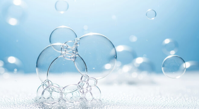 Clear soap bubbles with white foam texture on blue background for washing and hygiene design