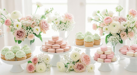 Elegant Dessert Table with Pastel Macarons Cupcakes and Flowers for Wedding Celebration