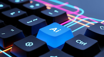 Futuristic computer keyboard with glowing blue AI key and neon digital background
