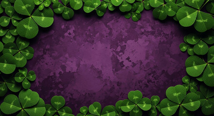 Green clover leaves frame on grunge purple background for St Patricks Day design
