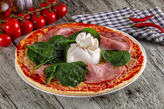 Pizza with mortadella and burrata