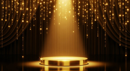 Luxurious Golden Podium Stage with Spotlight and Sparkles on Black Curtain for Awards and Products