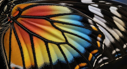 Macro detail of colorful butterfly wing texture with orange and blue scales