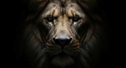Majestic Male Lion Face Close Up Portrait on Black Background with Intense Dramatic Lighting