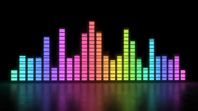 Vivid digital audio spectrum analyzer displays colorful glowing bars reacting dynamically to unseen music beats against a dark backdrop