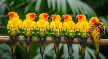 Row of Colorful Sun Conure Parrots Perched on Branch with Tropical Green Nature Background