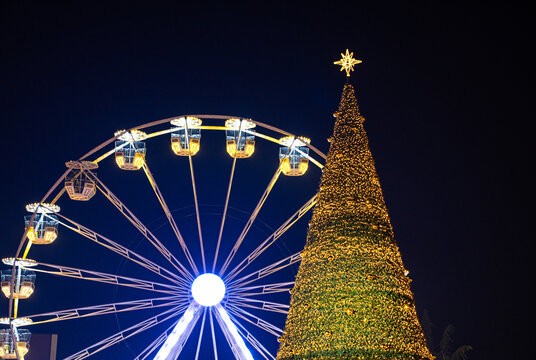 Ferris Wheel and Illuminated Christmas Tree in Korca, Albania