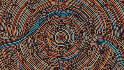 None Vibrant swirling pattern of concentric circles and wavy lines in shades of red blue and orange