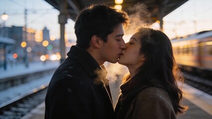 Couple in love kisses softly while waiting for arrival of train on quiet winter evening platform