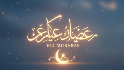Glowing Eid Mubarak Greeting: A radiant Eid Mubarak greeting graces a tranquil backdrop, the crescent moon and star gleam in the soft light, evoking peace, blessings, and spiritual significance.