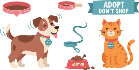 Adopt Don't Shop pet adoption illustration featuring a cute dog and cat silhouette for animal shelter awareness and rescue campaigns.