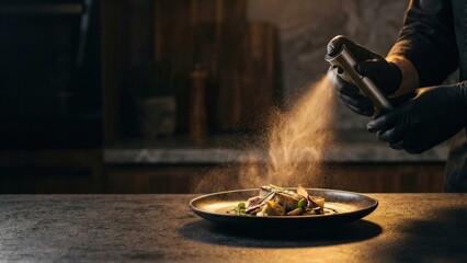Chef spraying molecular gastronomy dish with fine mist. Modern cooking art, culinary innovation, and flavor enhancement for exquisite meal