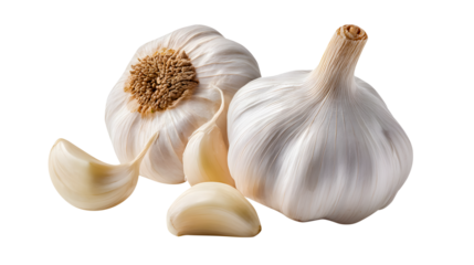 White garlic bulbs and cloves isolated on a transparent background