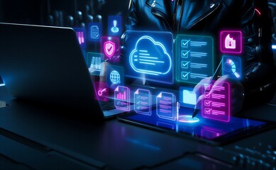 Digital email marketing concept with futuristic holographic interface elements