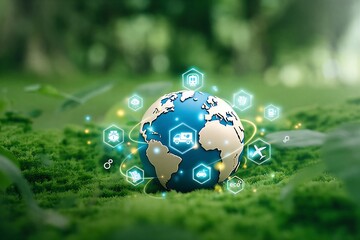 Digital globe with eco friendly technology icons floating around earth