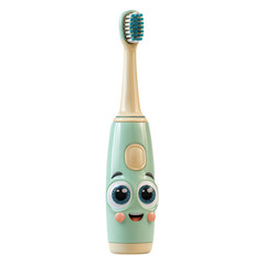 Electric Toothbrush with Smiling Face in Pastel Green and Beige Colors with Soft Lighting for Kids Oral Care