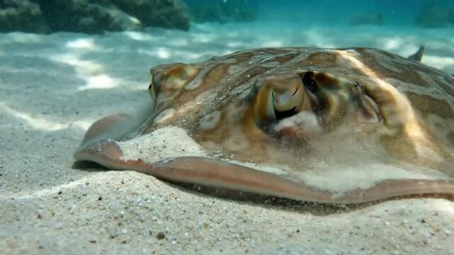 Close up of a spotted stingray resting partially buried in the shallow sandy ocean bottom near clear tropical water