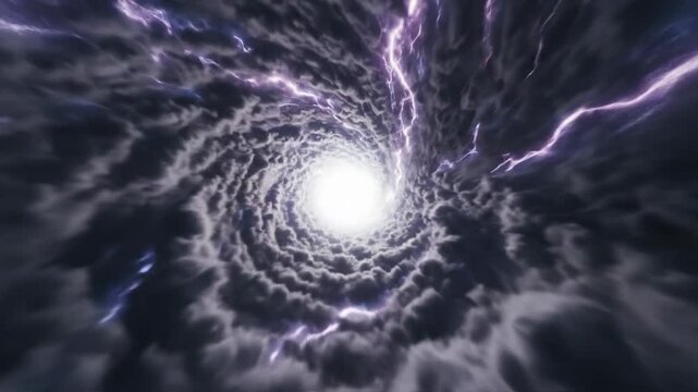 Abstract swirling vortex tunnel with purple lightning and bright light at the end