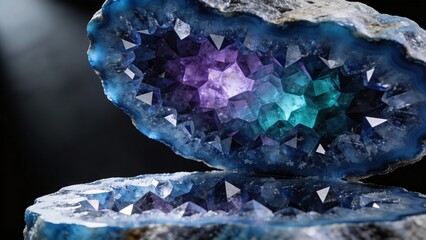 Macro shot of stunning blue crystal geode with sharp facets and deep inner glow