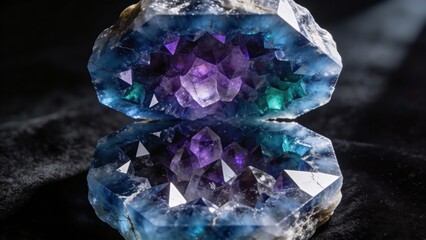 Close-up of amethyst and celestine crystals with perfect geometric structure