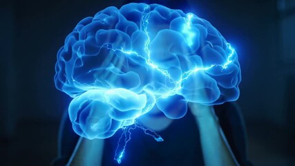 Woman suffering from migraine with glowing digital brain overlay. Headache and mental health awareness concept. Medium shot with tilt movement.