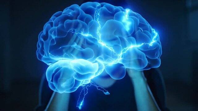 Woman suffering from migraine with glowing digital brain overlay. Headache and mental health awareness concept. Medium shot with tilt movement. - Powered by Adobe