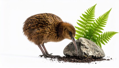 A kiwi bird probes the ground near a fern and stone against a white background