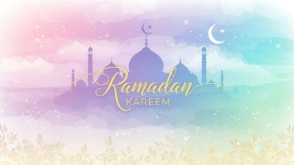 Ramadan Kareem: Embrace the spirit of Ramadan with this peaceful watercolor illustration of a silhouette mosque, symbolizing faith, devotion, and the holy month.