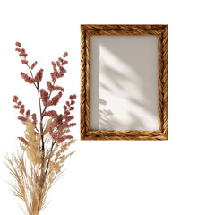 Wooden mirror with dry flowers in soft natural lighting on white background for home decor