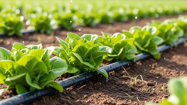 Farmers irrigate soy crop in the dry countryside using a drip irrigation system on a farm with industrial farming equipment