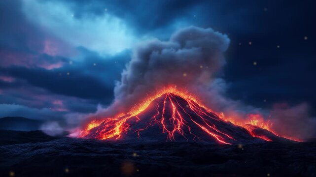 Glowing volcano erupts under dark moody sky video LoFi animation. Lava veins flowing down with smoke. Animated Lo-Fi aesthetic footage 4K motion graphics with floating dust particles