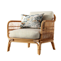 Rattan armchair with floral pillow in soft beige cushioning in natural daylight for home decor