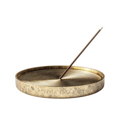 Incense stick in golden metal tray with warm lighting and textured surface for home decor and wellness