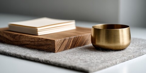 minimalist workspace essentials, a simple composition featuring a felt desk mat, brass paperweight, sticky notes, and a wooden monitor riser, with clean lines and sharp focus