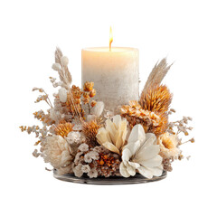 Candle Arrangement with Dried Flowers in Soft Warm Lighting on Metal Tray for Home Decor