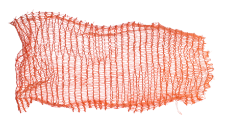 torn red plastic fruit net flying, bag isolated on white background and texture, design element, transparency