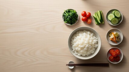 Culinary Harmony: Fresh Ingredients & Rice: A visually appealing composition of a bowl of fluffy rice complemented by fresh vegetables and side dishes, artfully arranged on a light wood grain surface.