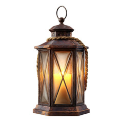 Vintage Lantern with Rope Detail in Warm Golden Lighting on White Background for Outdoor Decor