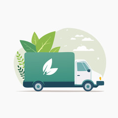 Eco Friendly Delivery Truck Illustration with Leaf Icons in Green Logistics Flat Design