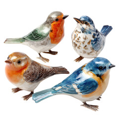 Colorful ceramic birds in vibrant plumage on white background for spring decor