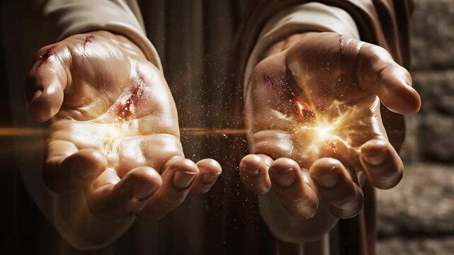 Resurrected hands of Jesus Christ with glowing stigmata wounds and holy light. Healing miracle power and divine grace concept. Christian Easter worship motion background