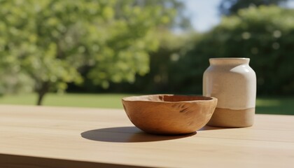 A wooden bowl and vase sit on a table, blurred green foliage in the background