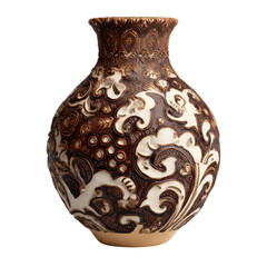 Ornate ceramic vase in traditional folk style with brown and white swirling patterns in soft studio lighting for home decor