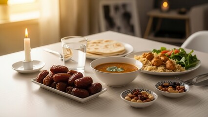 A Feast of Flavors: A beautifully set table, laden with a delicious array of traditional dishes, including dates, soup, and a medley of other culinary delights. The warm.