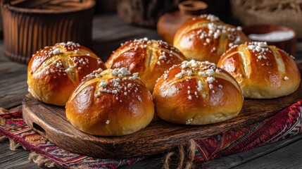 Golden sweet buns with sugar on rustic wooden board.